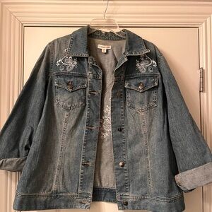 Coldwater Creek Blue Denim Jacket with White Embroidery